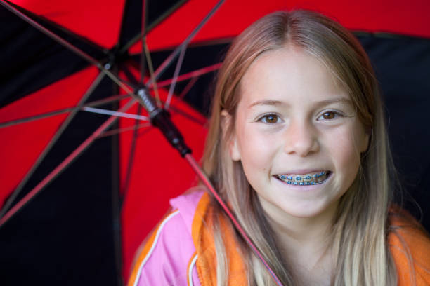 Young Girl Close-up Portrait with Umbrella and Braces stock photo