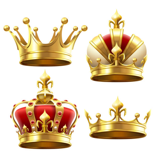 ilustraciones, imágenes clip art, dibujos animados e iconos de stock de corona de oro realista. tocado de coronación para el rey y la reina. conjunto de vectores de coronas reales - crown king queen gold