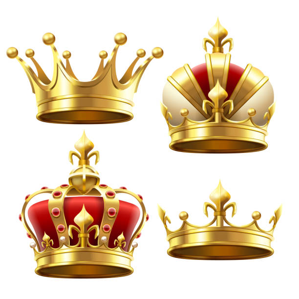 Realistic gold crown. Crowning headdress for king and queen. Royal crowns vector set Realistic gold crown. Crowning headdress for king and queen. Royal golden noble aristocrat monarchy red jewel crowns. Monarch jewels royalty luxury coronation 3d vector isolated icons set emperor stock illustrations
