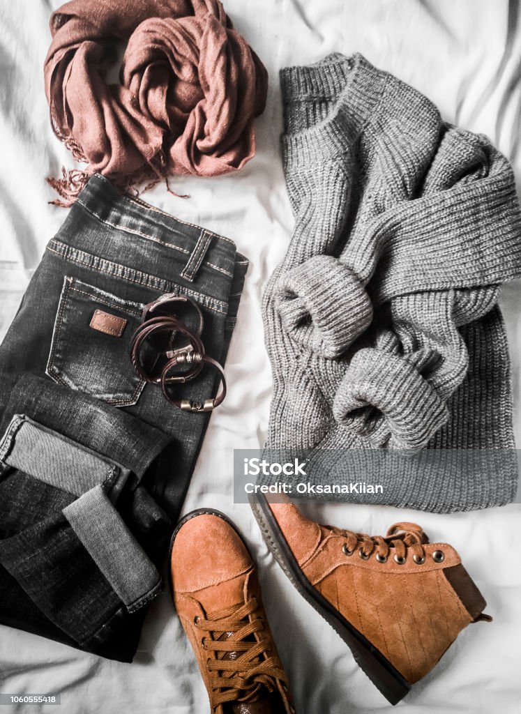 Set Of Womens Autumn Winter Clothes On A Light Background Jeans Gray  Pullover Oversize Suede Brown Boots And Scarf Fashionable Clothes For Walks  Flat Lay Stock Photo - Download Image Now - iStock