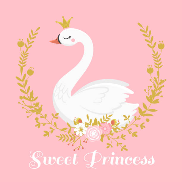 ilustrações de stock, clip art, desenhos animados e ícones de cute swan princess. beautiful lake swans bird in golden crown, sweet princess girl gift card vector illustration - swan princess cartoon crown