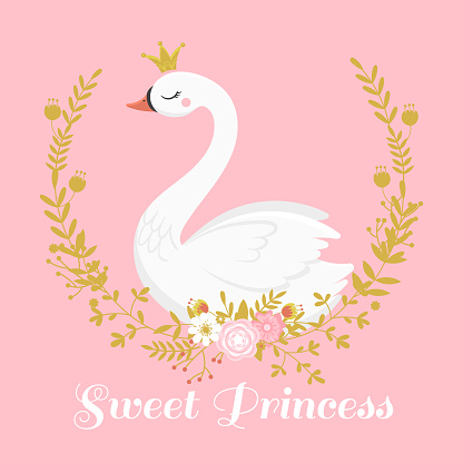 Cute swan princess. Beautiful lake swans bird in golden crown, sweet princess child girl gift card, swan duckling queen romantic fairytale nursery wallpaper cartoon vector illustration
