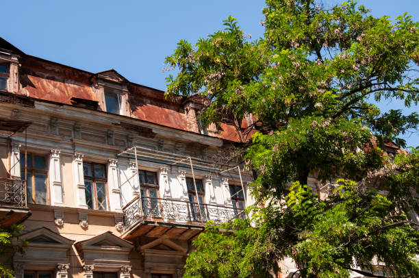 alte historische steinhaus auf dem hof mit bäumen. alte stadtgebäude vor und nach restavration. alte fenster, dächer, balkone. skulpturen, wände süd, sommer - restavration stock-fotos und bilder