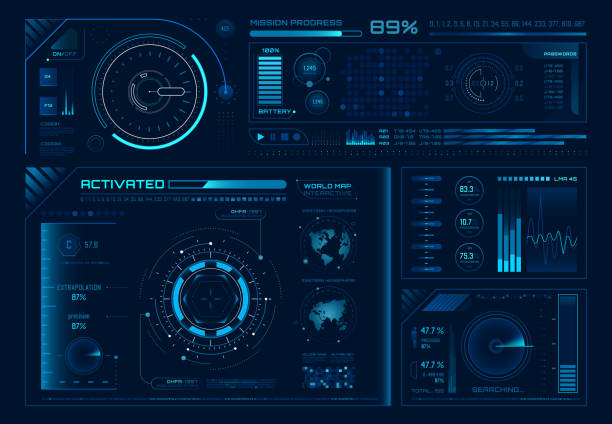 illustrations, cliparts, dessins animés et icônes de hologramme futuriste ui. science hud interfaces, cadres d’interface graphique et régulateurs tech ou éléments de conception de bouton vector ensemble - écran tactile