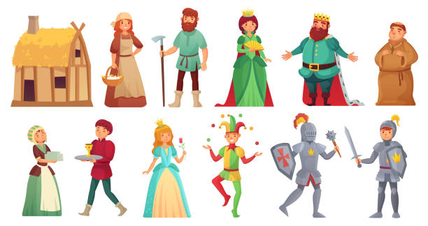 ilustraciones, imágenes clip art, dibujos animados e iconos de stock de personajes históricos medievales. caballeros de la corte real histórico alcázar, campesino medieval y rey aislaron personaje de dibujos animados vector - historical person