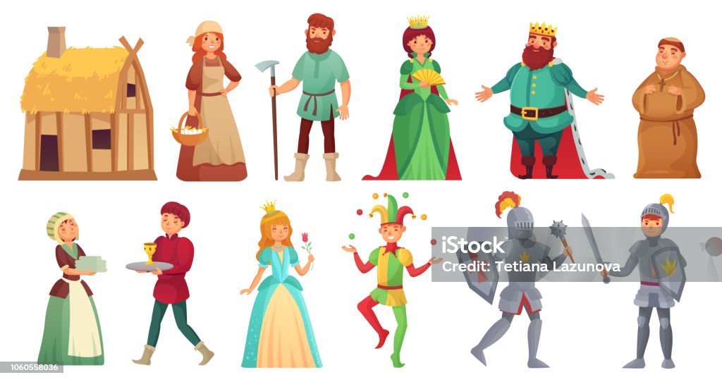 Medieval historical characters. Historic royal court alcazar knights, medieval peasant and king isolated cartoon vector character Medieval historical characters. Historic royal court alcazar knights, medieval peasant and king historic costume fairytale ancient aged isolated cartoon vector character icons set Medieval stock vector