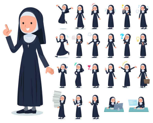 flat type Nun women_emotion A set of Nun women with who express various emotions.There are actions related to workplaces and personal computers.It's vector art so it's easy to edit. Abbey stock illustrations