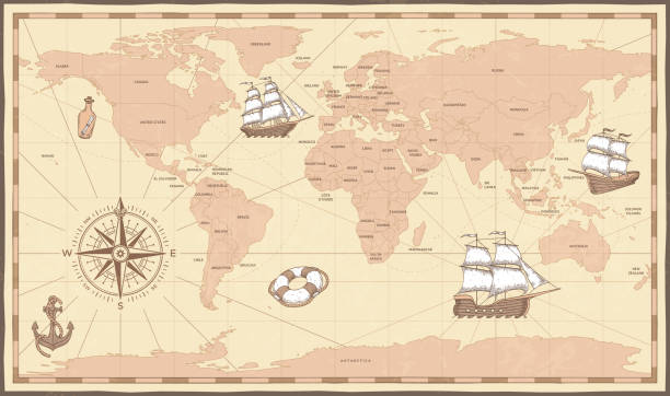 antike weltkarte. vintage kompass und retro-schiff auf alten marine karte. alten länder grenzen vektor-illustration - map world map globe old stock-grafiken, -clipart, -cartoons und -symbole