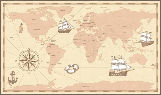 Vector illustration of Antique world map. Vintage compass and retro ship on ancient marine map. Old countries boundaries vector illustration