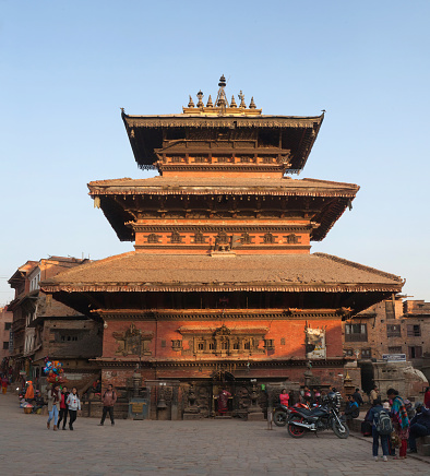 Bhaktapur, Nepal - January 23, 2017: Ancient famous Bhairavnath hindu temple at Durbar square. Triple-roofed Temple is dedicated to Bhairab, the fearsome incarnation of Shiva.