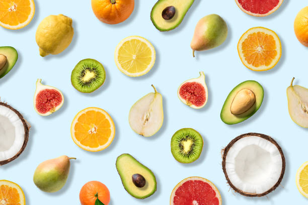 istock Various vegetables and fruits on blue background, top view, flat 1060568516