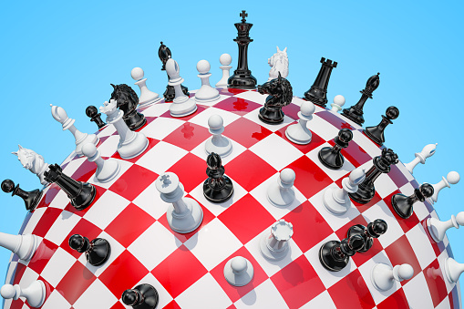 Esfera de cuadros, tablero de ajedrez con piezas de ajedrez. Render 3D photo