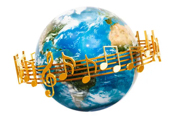 Photo of Earth Globe with musical notes around, 3D rendering isolated on white background.