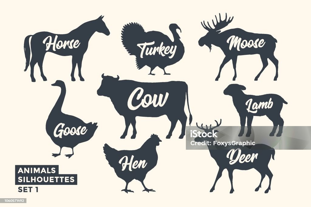 Animals silhouette set. Black-white silhouette of animals Animals silhouette set. Black-white silhouette of animals with lettering names. Design template for grocery, butchery, packaging, meat store. Farm and wild animals theme. Vector Illustration Lamb - Animal stock vector