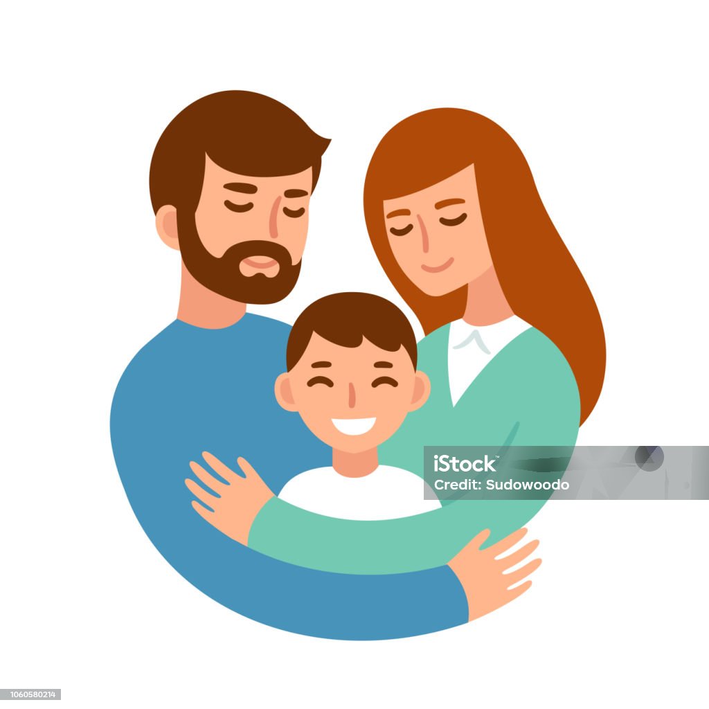 Parents hugging child Mom and dad hugging their son. Happy parents and child in loving family. Cute cartoon characters vector illustration. Embracing stock vector
