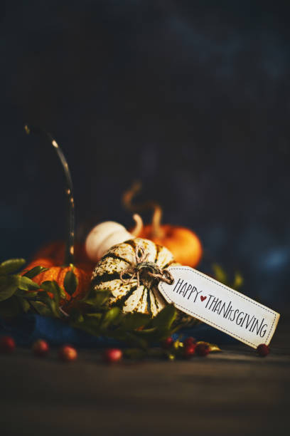 istock Pumpkin assortment still life and Happy Thanksgiving message 1060580280
