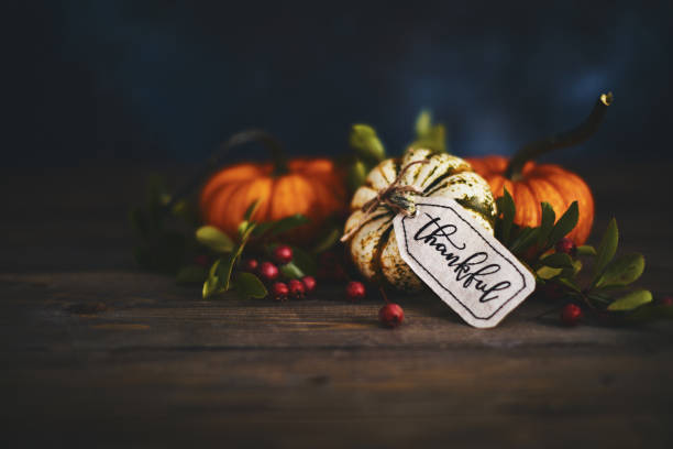 istock Pumpkin assortment still life and thankful message 1060580654