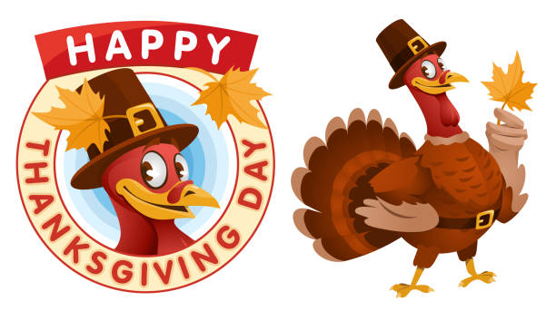 Happy Thanksgiving Day. Cartoon turkey in a pilgrim hat keeps the autumn leaf. Happy Thanksgiving Day. Cartoon turkey in a pilgrim hat keeps the autumn leaf. Vector illustration. Elements is grouped. No transparent objects. funny thanksgiving stock illustrations
