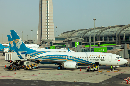 Muscat, Oman, picture dated  31 September 2018 Muscat new airport with Oman air planes.