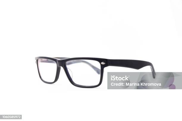 Rectangular Blackrimmed Glasses Are Located Frontally On A White Background Isolated Stock Photo - Download Image Now