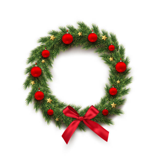 tannen-kranz mit roten weihnachtskugeln, bogen und "goldene sterne" isoliert auf weißem hintergrund. vektor-design-element. - wreath stock-grafiken, -clipart, -cartoons und -symbole