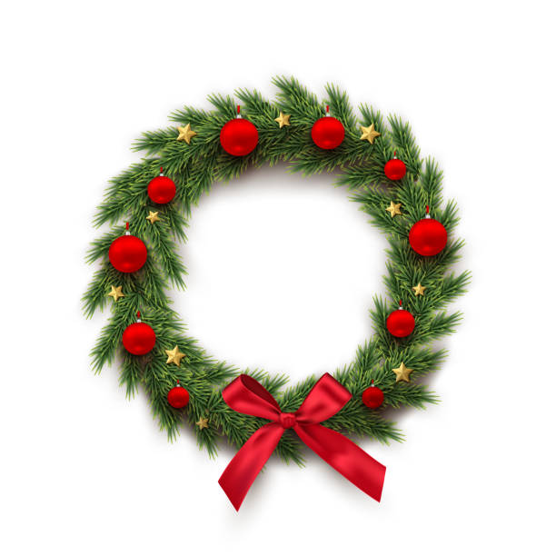 ilustrações, clipart, desenhos animados e ícones de grinalda de abeto com bolas de natal vermelhas, arco e estrelas douradas, isoladas no fundo branco. elemento de desenho vetorial. - wreath