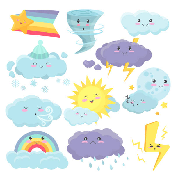 zestaw uroczych ikon pogody z różnymi emocjami. wektor pogoda kreskówka vidgets naklejki zestaw. - rain sun sunlight cloud stock illustrations