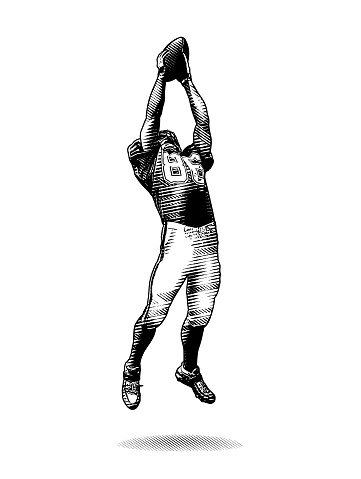 Engraving illustration of an American Football Wide Receiver making great catch