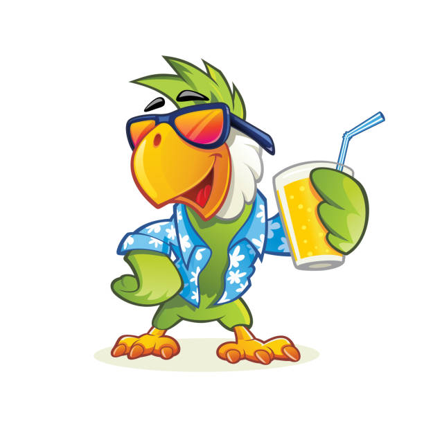 Exotic cartoon parrot with sunglasses Parrot mascot holding glass of orange juice parrot stock illustrations