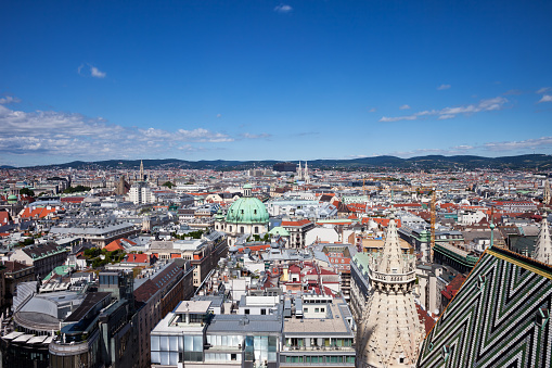Vienna capital city cityscape in Austria, view from above over historic city center.