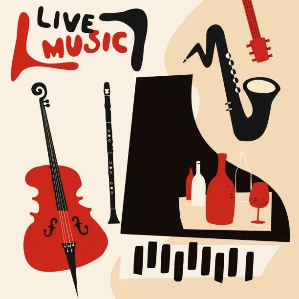 Vector illustration of Live music and wine colorful background