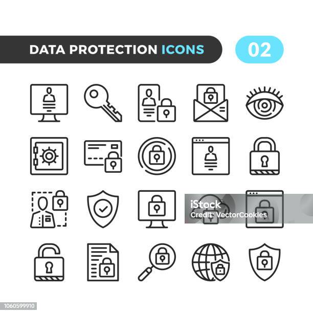 Icone Della Linea Di Protezione Dei Dati Raccolta Simboli Struttura Tratto Moderno Elementi Lineari Qualità Premium Pixel Perfetto Set Di Icone Vettoriali A Linee Sottili - Immagini vettoriali stock e altre immagini di Icona