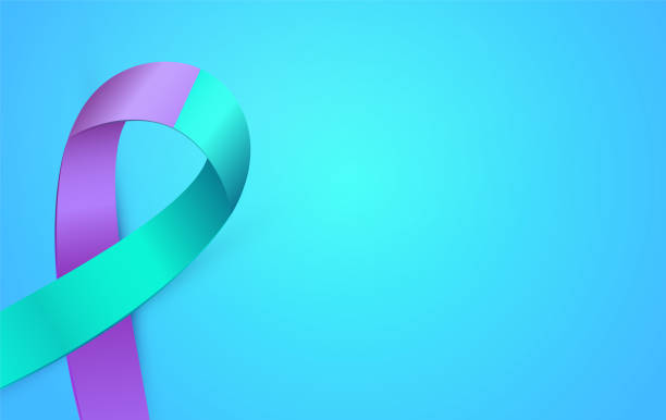 3d Purple Blue ribbon card to Suicide Prevention Awareness Month. Double colour Ribbon poster. Realistic purple blue ribbon banner to Suicide Prevention Awareness Month. Double colour type medical poster with a place for text. Vector illustration EPS 10 file. suicide stock illustrations