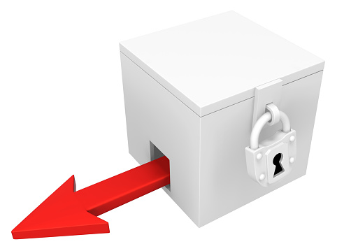 Red symbolic arrow box locked escape, 3d illustration, horizontal, over white, isolated