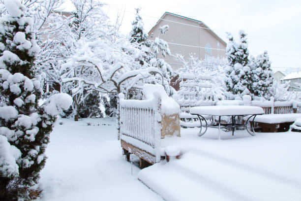istock Snow on garden patio, winter scenery. 1060605948