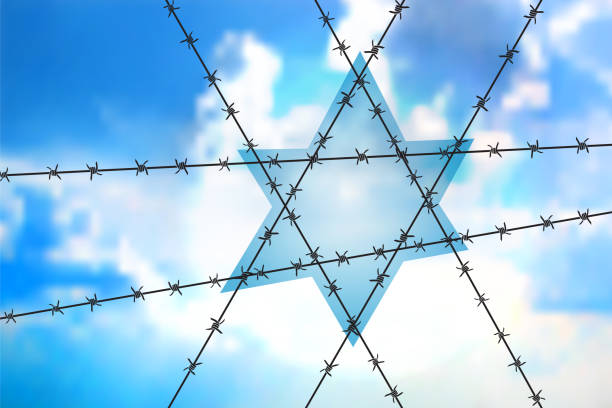 Six-pointed David Star David star at blue sky - Orthodox sign as the interweaving of barbed wire. Concept for anti-Semitism, jewish memory day.
Six-pointed Star of barbed wire symbol of the suffering of the Jewish people nazism stock illustrations