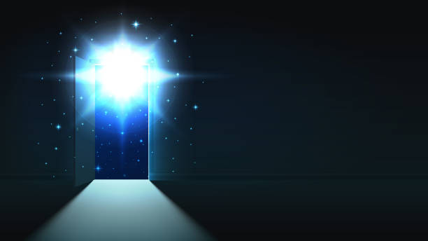 istock Mystical light from the open door of a dark room, open space, cosmos, background, discovery, abstract glowing exit, mock up 1060609828
