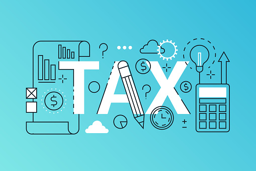 Tax word trendy composition banner. Outline stroke tax payments, financial law consulting, refund, business income report. infographic concept. Flat line icons vector header illustration
