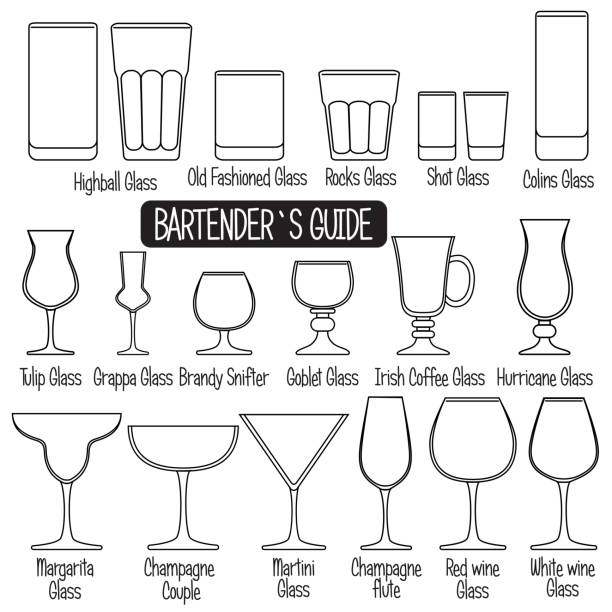 illustrazioni stock, clip art, cartoni animati e icone di tendenza di bevi bicchieri con titoli, set icone in bianco e nero. - whisky shot glass glass beer glass