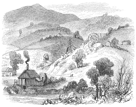 John C. Frémont's Rancho Las Mariposas in Mariposa County, California, United States of America (circa mid 19th century). Vintage etching circa mid 19th century.