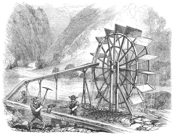 ilustrações de stock, clip art, desenhos animados e ícones de panning for gold using a flutter-wheel at the tuolumne river in california, usa (19th century) - water wheel