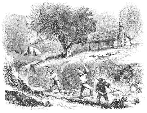 Men mining gold at Grass Valley in California, United States of America (circa mid 19th century). Vintage etching circa mid 19th century.