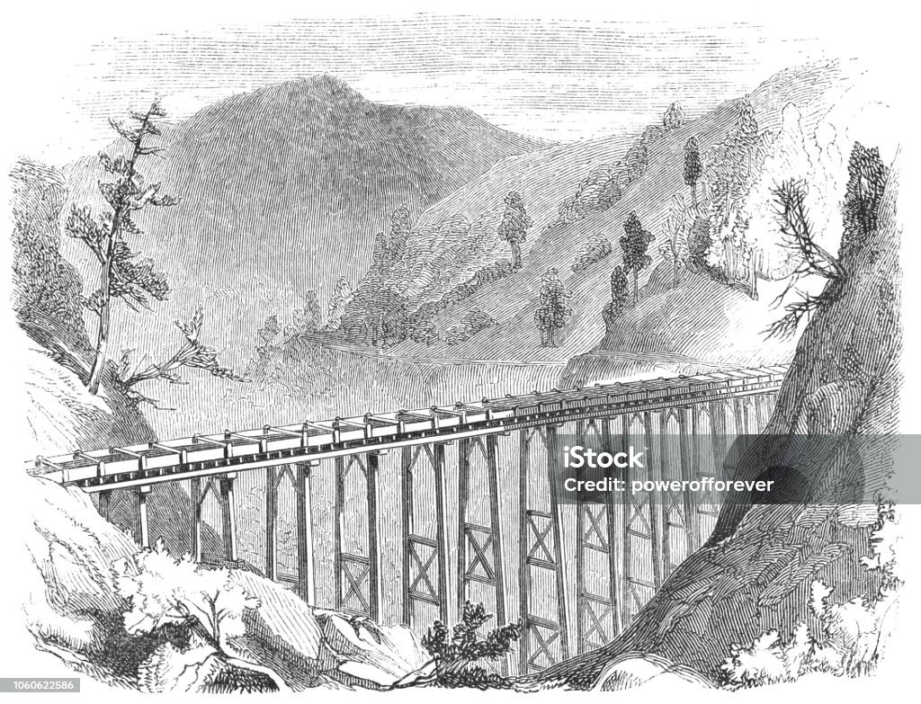 Flume for Hydraulic Mining in the Sierra Nevada Range, California, USA (19th Century) Flume used in hydraulic mining for gold in the Sierra Nevada Range in Nevada County, California, United States of America (circa mid 19th century). Vintage etching circa mid 19th century. 19th Century stock illustration
