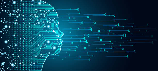Big data and artificial intelligence child face concept. Big data and artificial intelligence concept. Machine learning and cyber mind education concept in form of child face outline with circuit board and binary data flow on blue background. baby robot stock illustrations