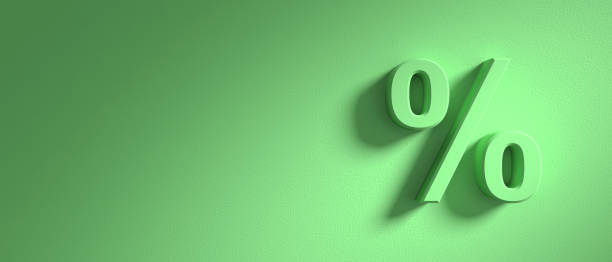 Percentage sign on green wall background, banner, copy space. 3d illustration