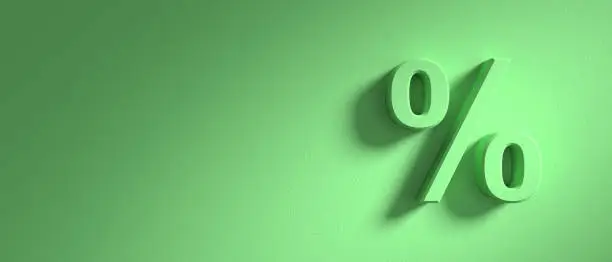 Photo of Percentage sign on green wall background, banner, copy space. 3d illustration