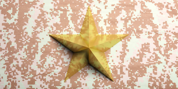 stella d'oro su sfondo uniforme militare americano. illustrazione 3d - medal bronze medal military star shape foto e immagini stock