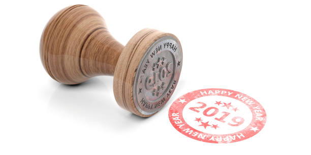 istock 2019 New year red round stamp isolated on white background. 3d illustration 1060624004