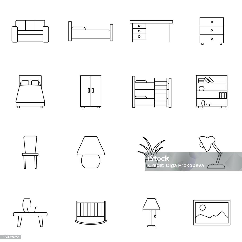 Furniture related vector icon set. Well-crafted sign in thin line style with editable stroke. Vector symbols isolated on a white background. Simple pictograms. Furniture stock vector