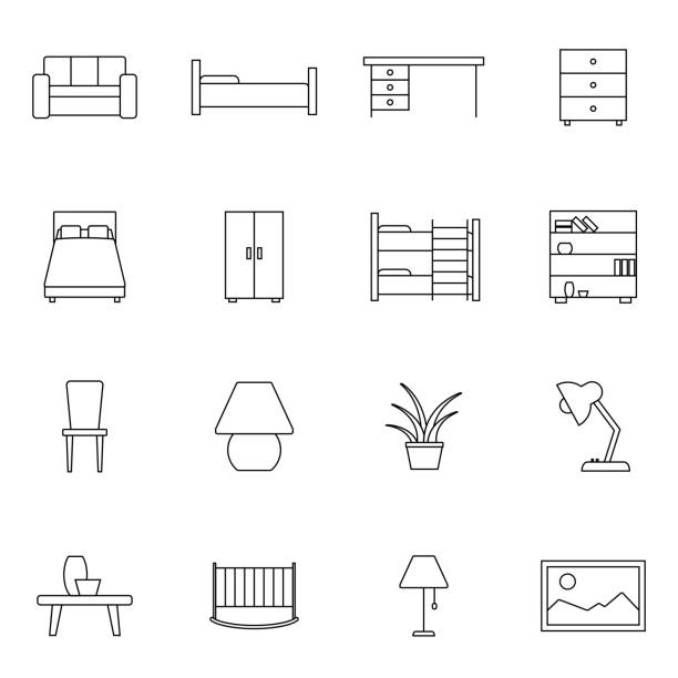 Furniture related vector icon set. Well-crafted sign in thin line style with editable stroke. Vector symbols isolated on a white background. Simple pictograms. Furniture related vector icon set. Well-crafted sign in thin line style with editable stroke. Vector symbols isolated on a white background. Simple pictograms. bed furniture stock illustrations